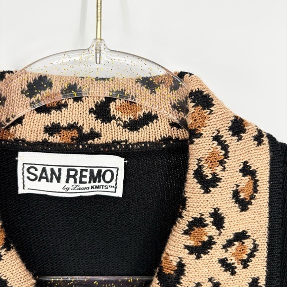 Vintage San‎ Remo by Laura Knits Leopard Print Trim Black Cardigan Size Medium - Picture 6 of 10